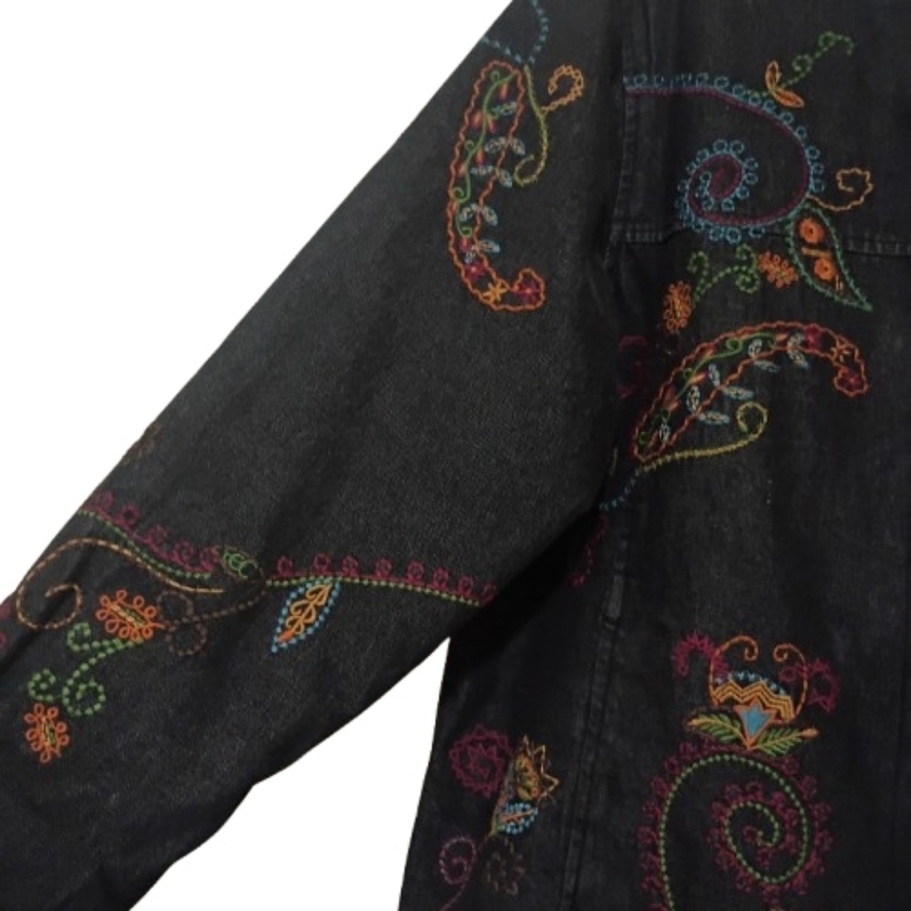 Denim & Co Floral Paisley Embroidered Artisian Inspire Vtg Jean Jacket Lge Boho - Picture 12 of 16